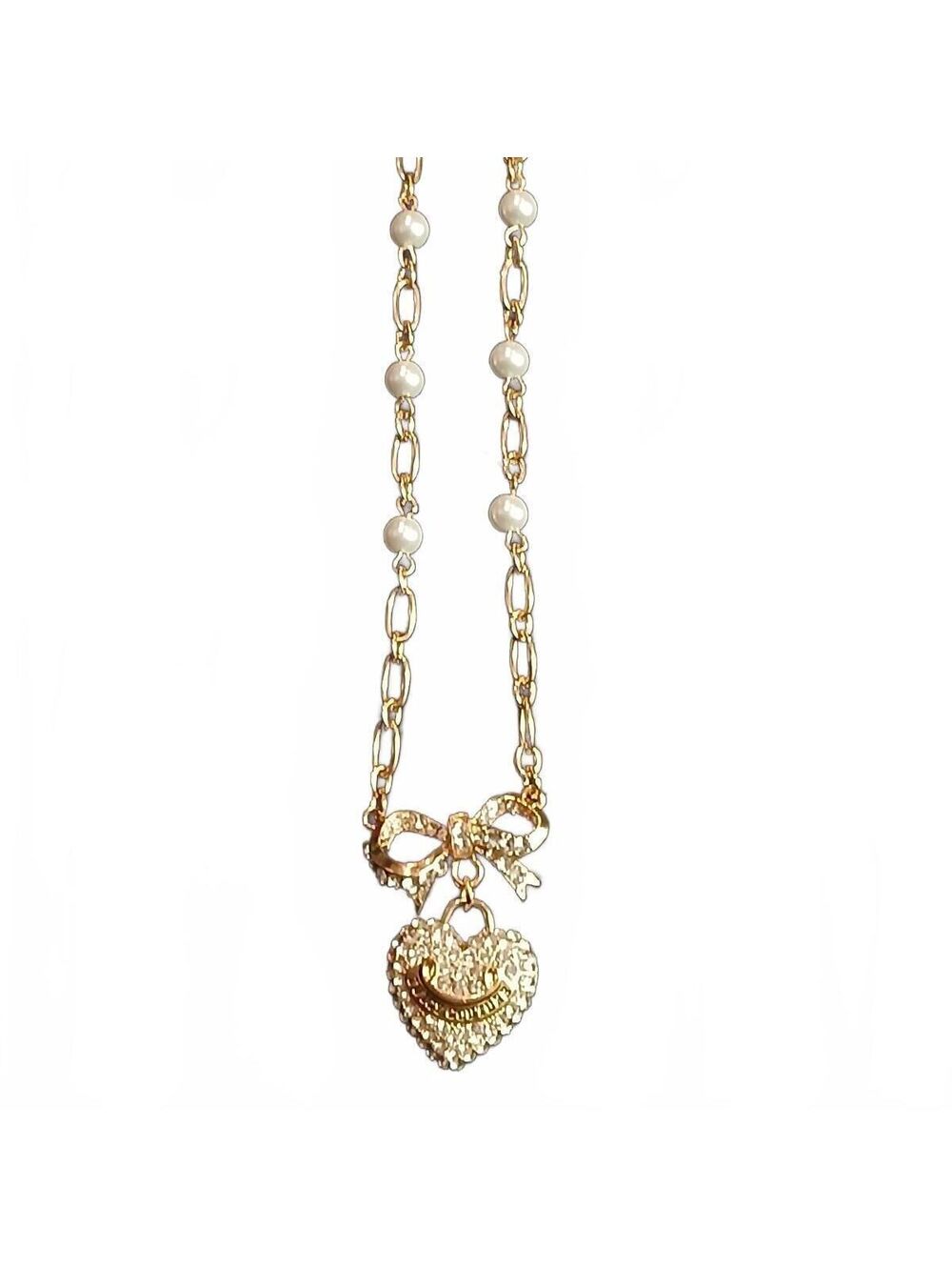 Juicy Couture Bow Heart Pearl Rhinestone Gold Tone Necklace Y2K McBling